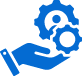 A blue icon of a hand holding two interlocked cogs, symbolizing service or technical support, with an added hint at recruitment opportunities.