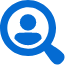 A blue icon of a magnifying glass with a person's silhouette inside the lens, symbolizing home user search or search functionality.