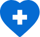 A blue heart icon with a white medical cross in the center symbolizes compassionate healthcare solutions.