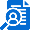 Blue icon of a magnifying glass overlaid on a document with a person symbol, indicating a focus on evaluating or examining a profile or personal information within the Mindfield.