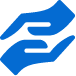 Two stylized blue hands facing each other, one oriented upwards and the other downwards, form a logo-like image symbolizing innovative solutions.