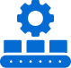 Blue icon of a cogwheel above three blocks on a conveyor belt, symbolizing streamlined solutions.