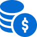 A blue icon of stacked coins with a dollar sign on the front coin, symbolizing financial solutions.