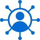 Blue icon depicting a central figure connected to surrounding points, symbolizing networking or connections within the mindfield.