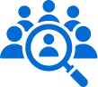 Blue icon depicting a group of people with a magnifying glass focusing on one individual at the center, symbolizing finding one's place within a community or home.