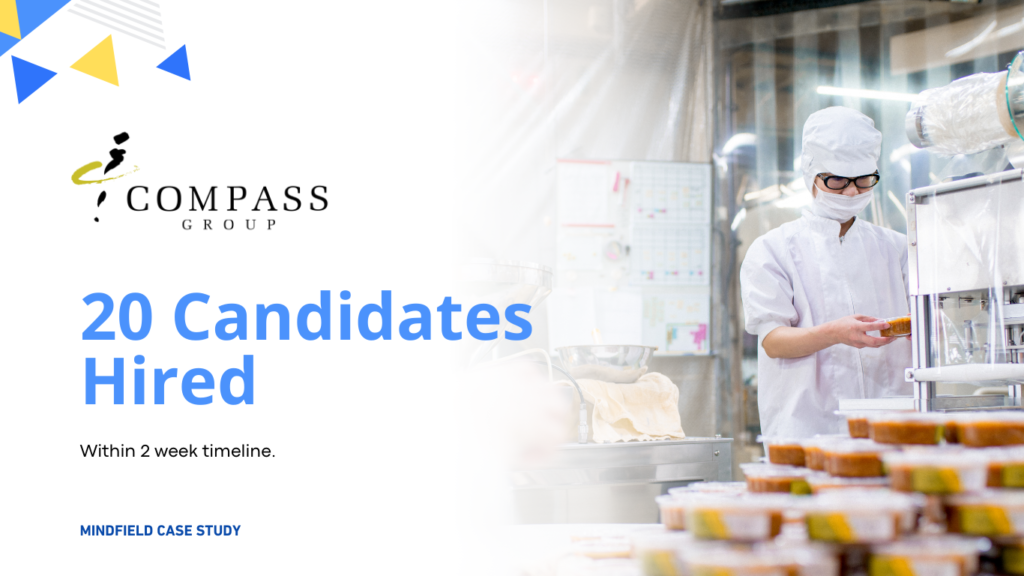 A Compass Group announcement states, "20 Candidates Hired Within 2-Week Timeline," overcoming hiring challenges, next to an image of a food production worker in a white uniform and hairnet handling packaged food items.