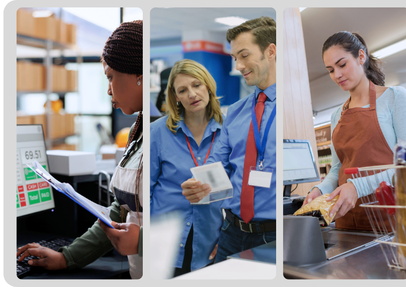 Collage of retail industry scenes: A cashier checking a receipt, three staff members discussing a document, and a cashier scanning groceries.